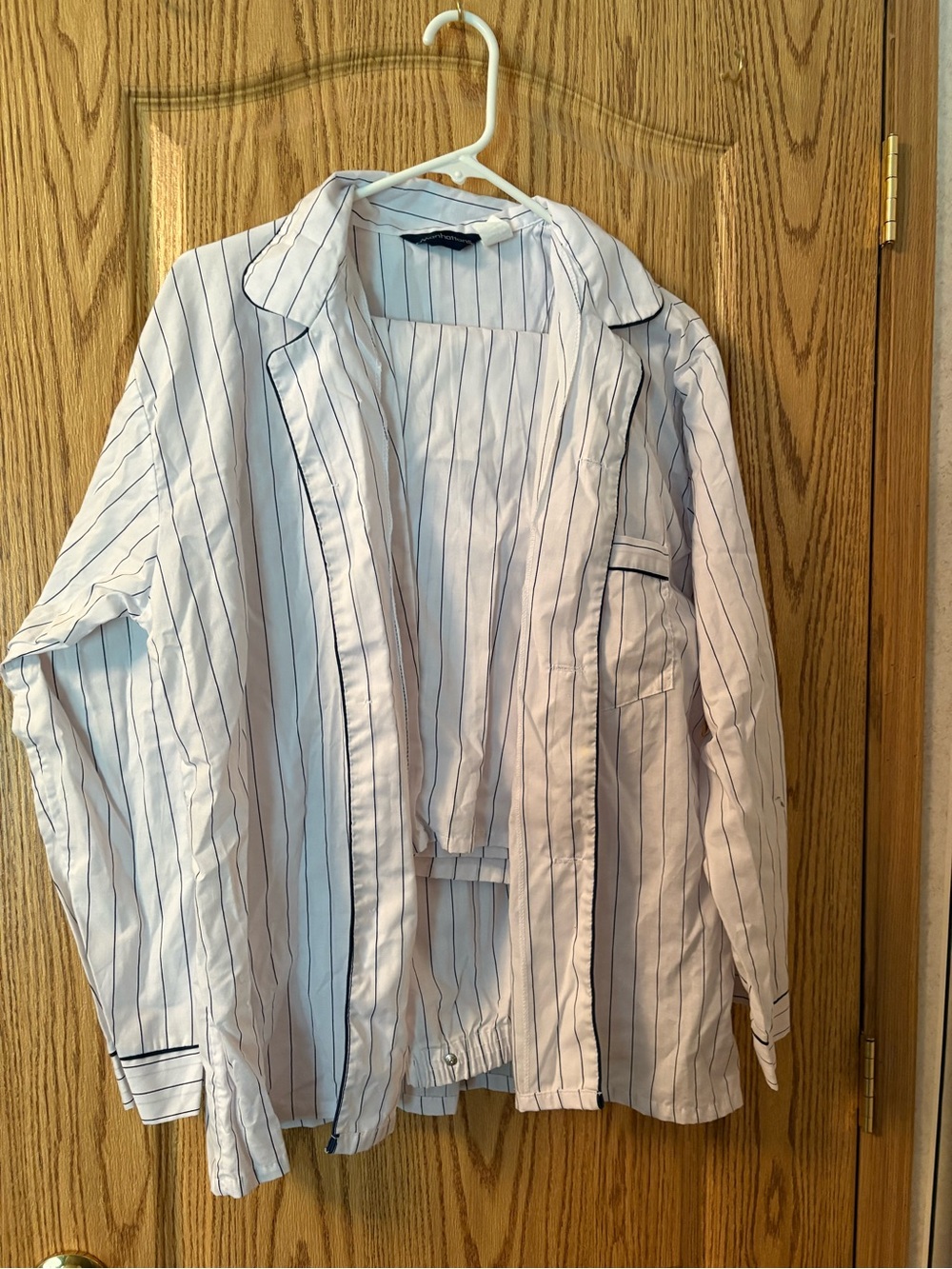 Striped Button-Front Women's Pajama Top - White with Navy Trim